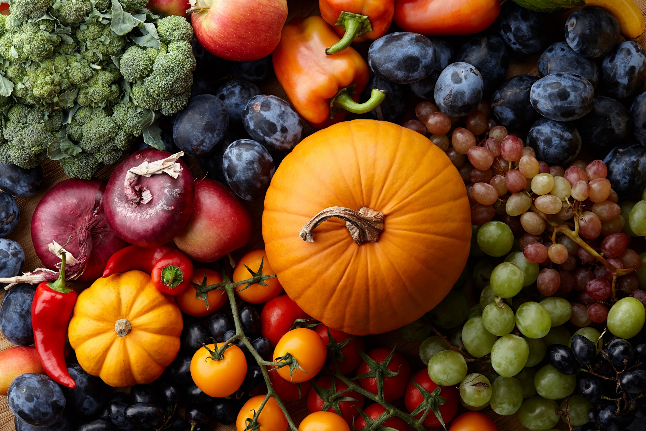 An assortment of fall fruits and vegetables