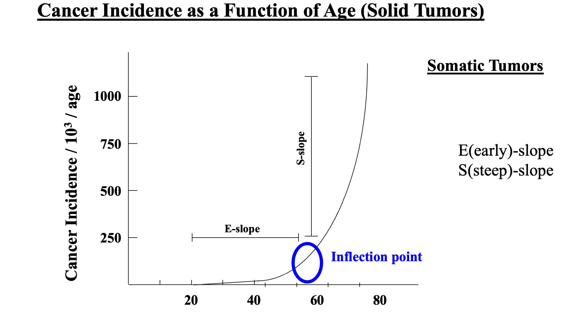 A graph that shows cancer incidence as a function of age. The graph sharply increases at age 50