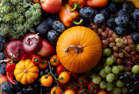 An assortment of fall fruits and vegetables